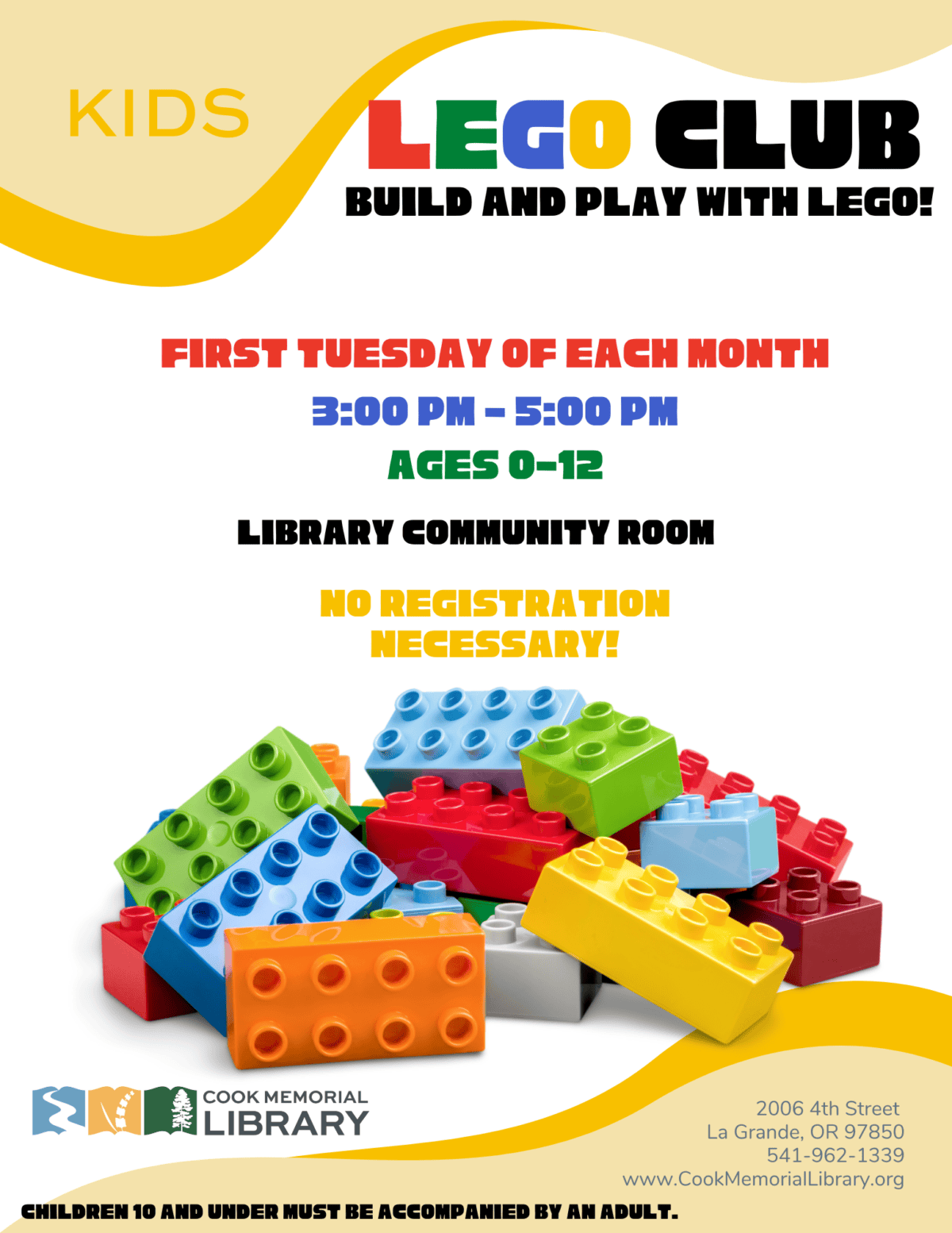 Kids Lego Club: Build and Play with Lego!

First Tuesday of each month. 3:00PM-5:00PM Ages 0-12.

Library Community Room.
No Registration Necessary!

Children 10 and under must be accompanied by an adult.